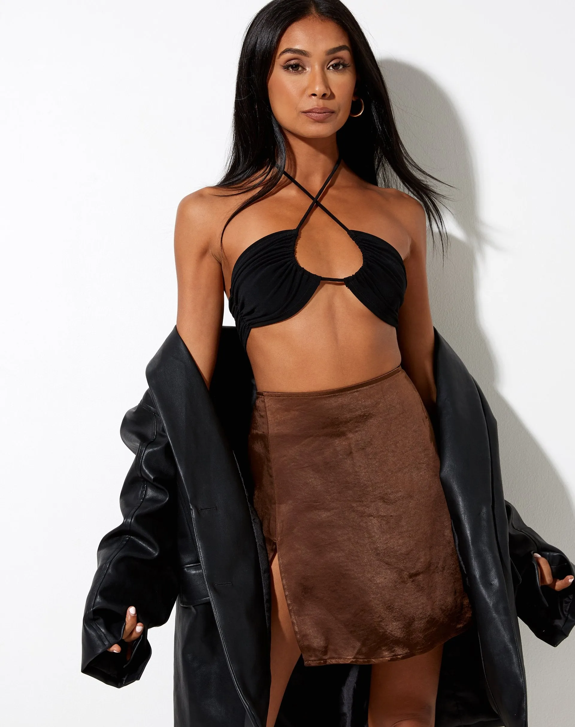 Shenka Mini Skirt in Satin Rich Brown sold by Motel Rocks