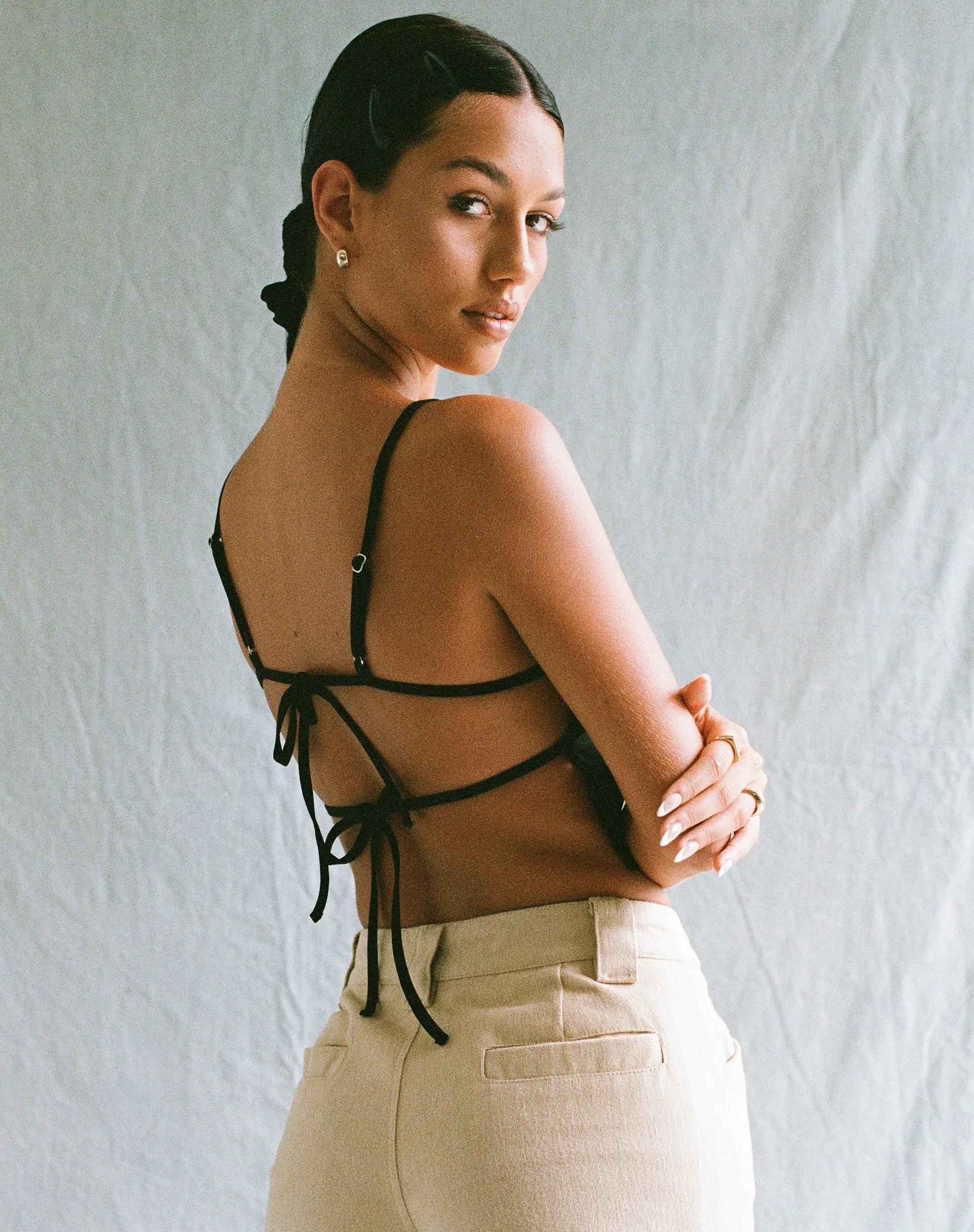 MOTEL X OLIVIA NEILL Merita Crop Top in Tailoring Black sold by Motel Rocks