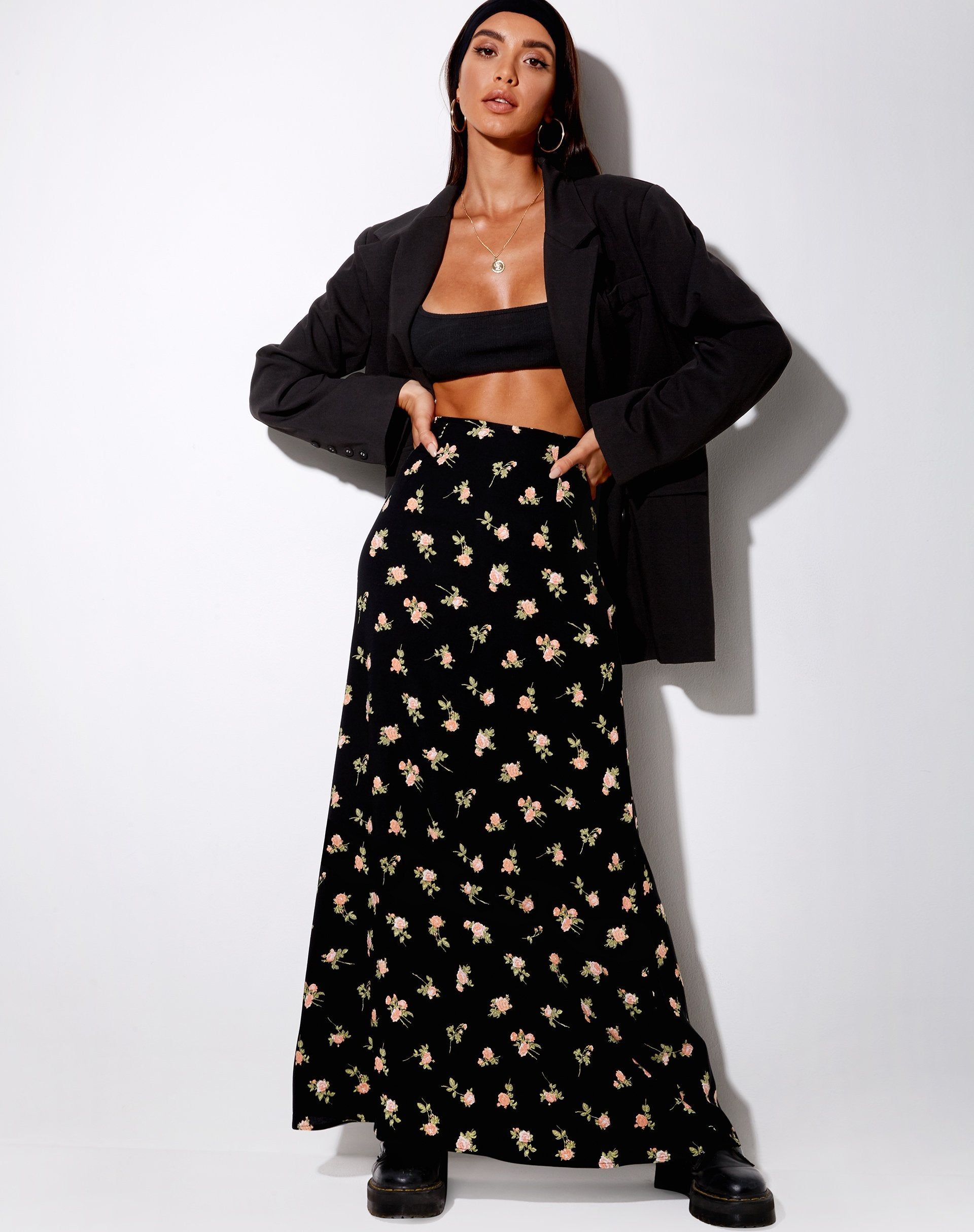 Sayan Maxi Skirt in Rose Garden Black sold by Motel Rocks