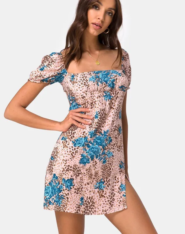 Lonma Mini Dress in Jungle Flower Blue Cream sold by Motel Rocks