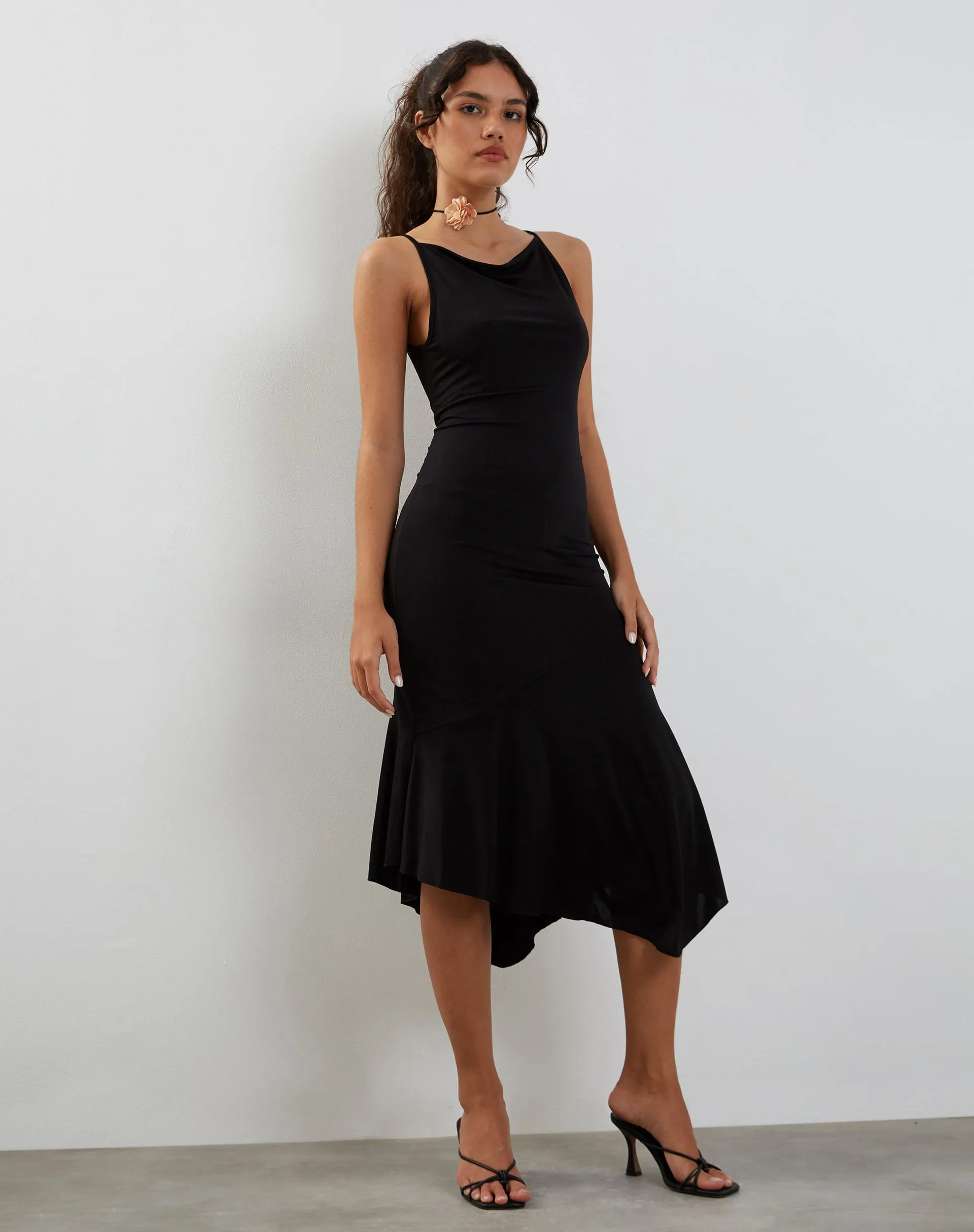 Adina Asymmetric Hem Midi Dress in Slinky Black sold by Motel Rocks product image thumbnail 3