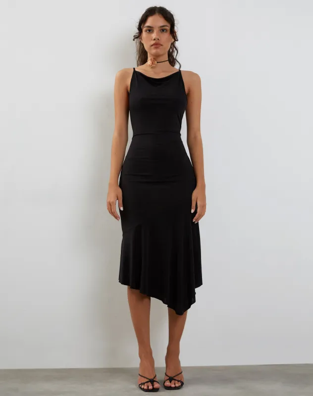 Adina Asymmetric Hem Midi Dress in Slinky Black sold by Motel Rocks