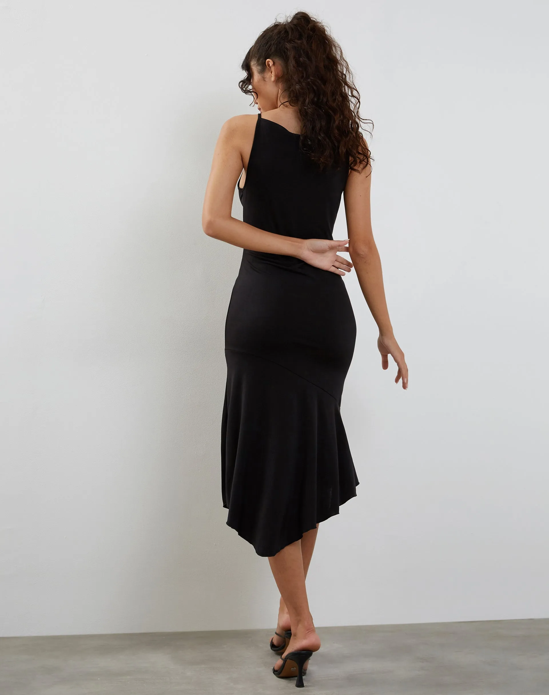 Adina Asymmetric Hem Midi Dress in Slinky Black sold by Motel Rocks product image thumbnail 4