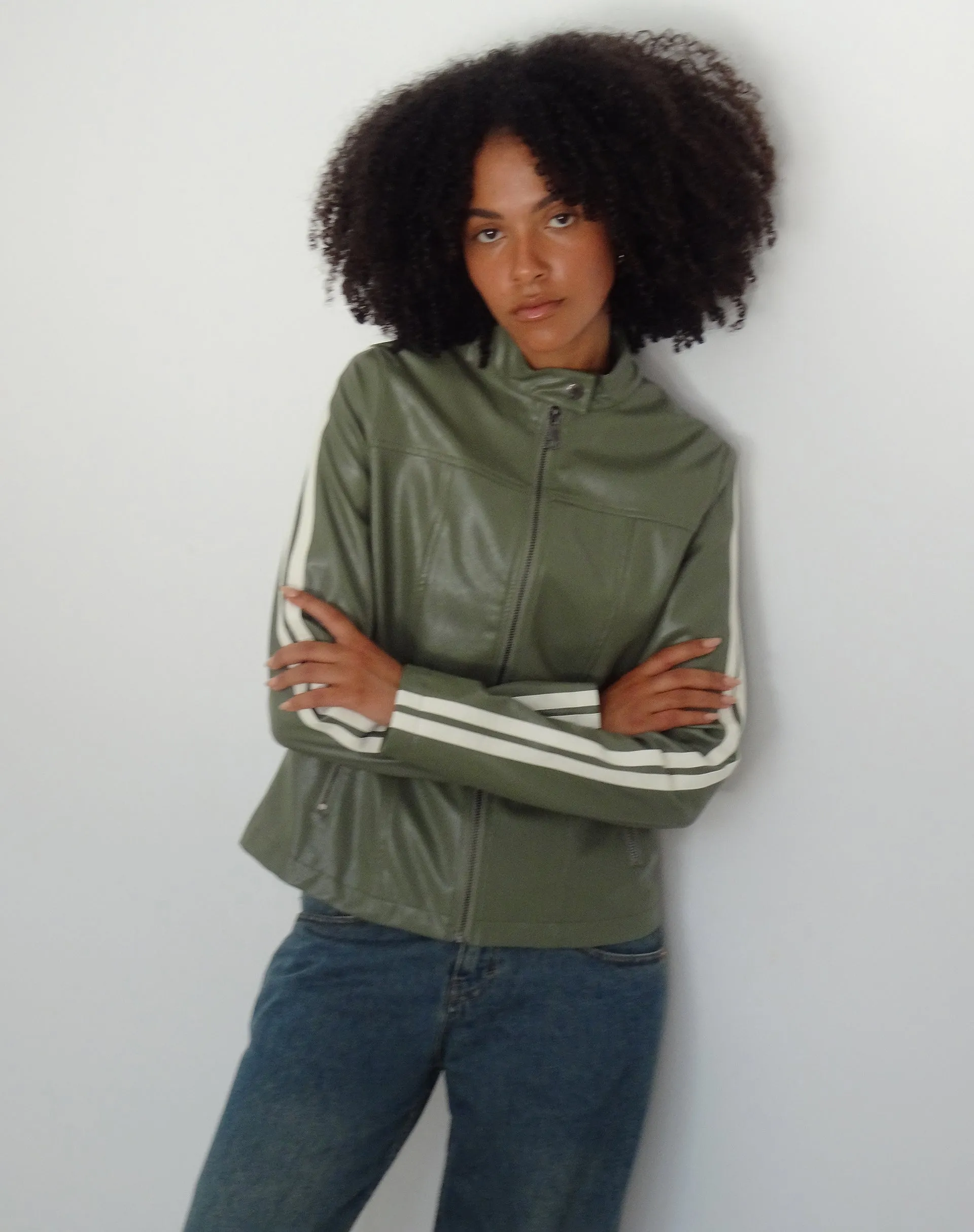 Jacquie Zip Up Biker Jacket in PU Green with Ivory Stripe sold by Motel Rocks product image thumbnail 4