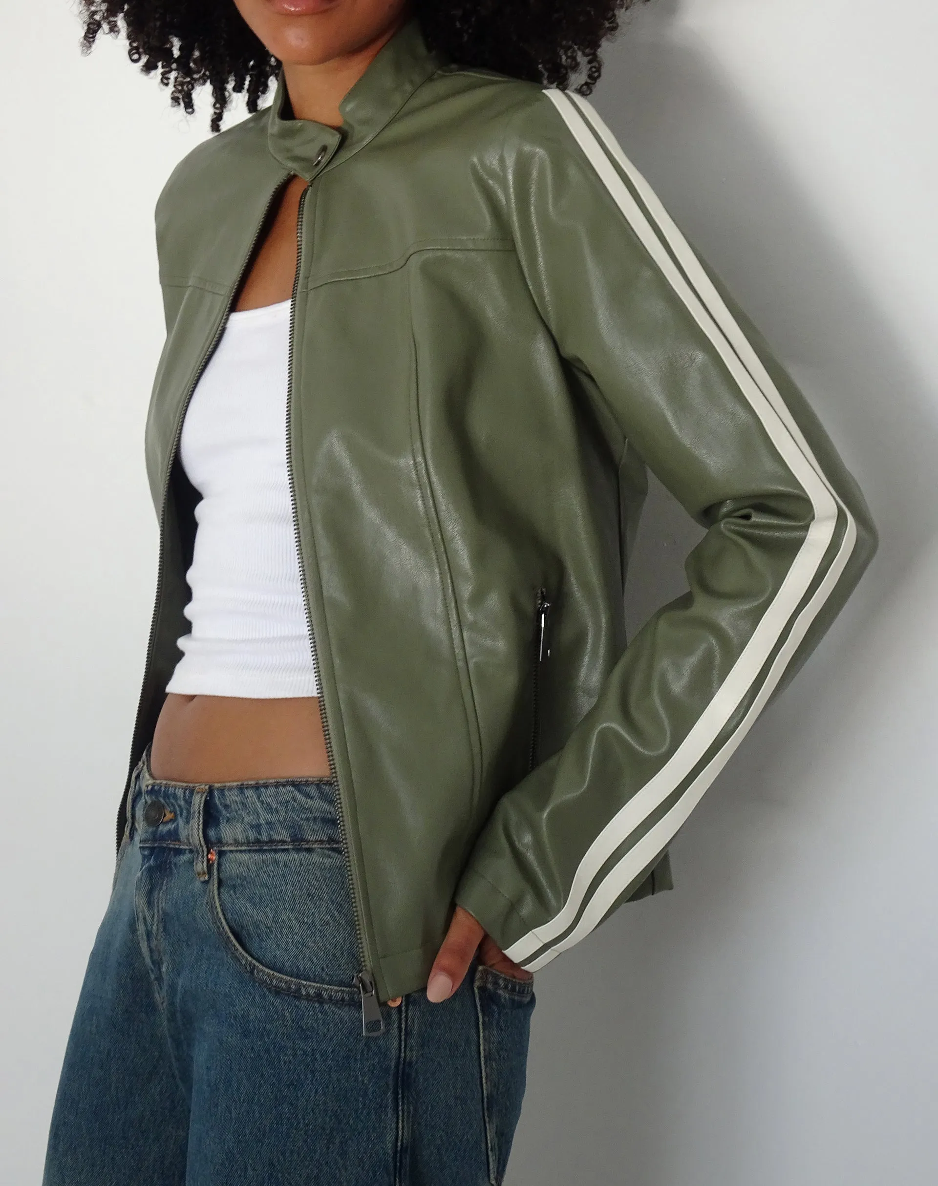 Jacquie Zip Up Biker Jacket in PU Green with Ivory Stripe sold by Motel Rocks product image thumbnail 3
