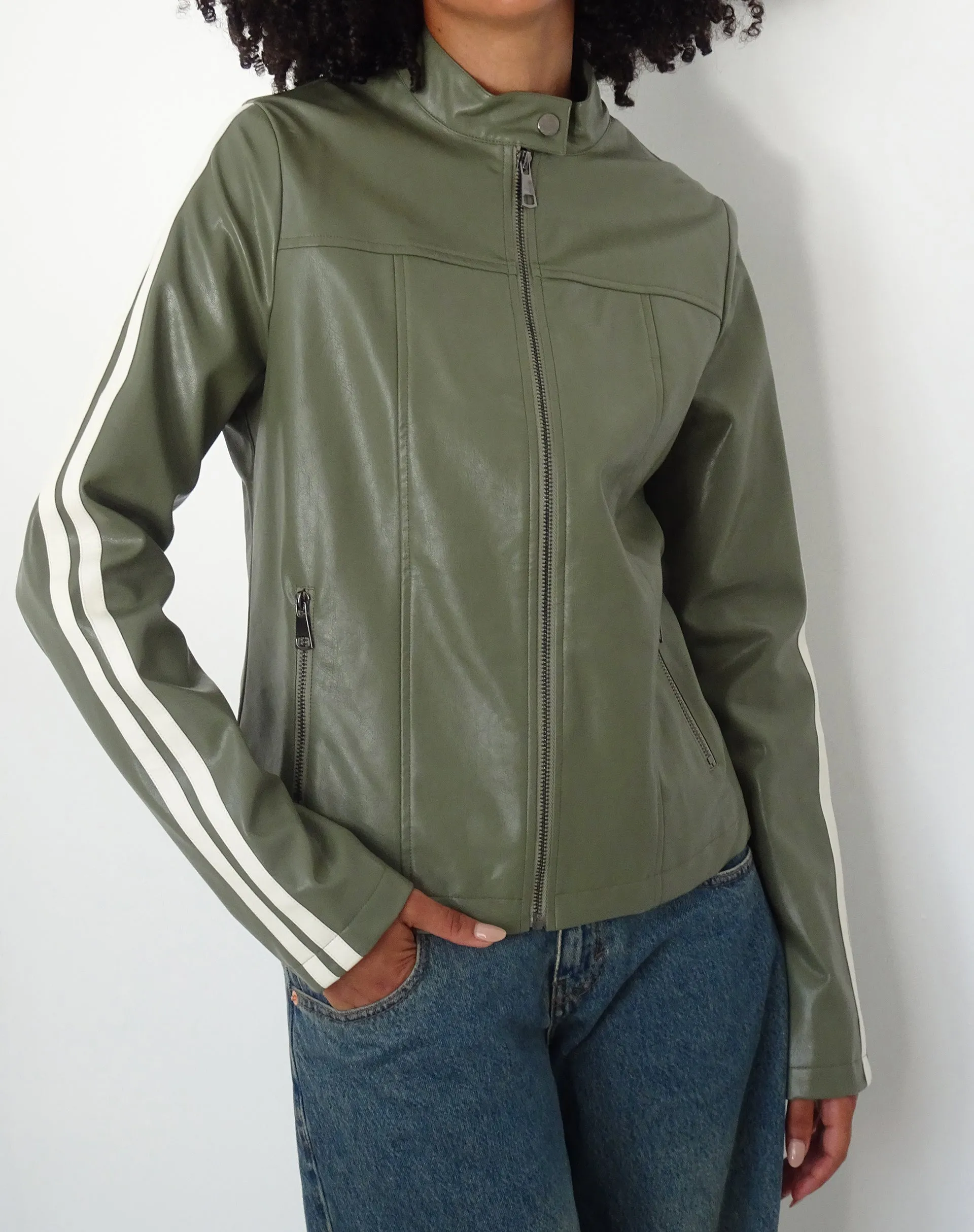 Jacquie Zip Up Biker Jacket in PU Green with Ivory Stripe sold by Motel Rocks