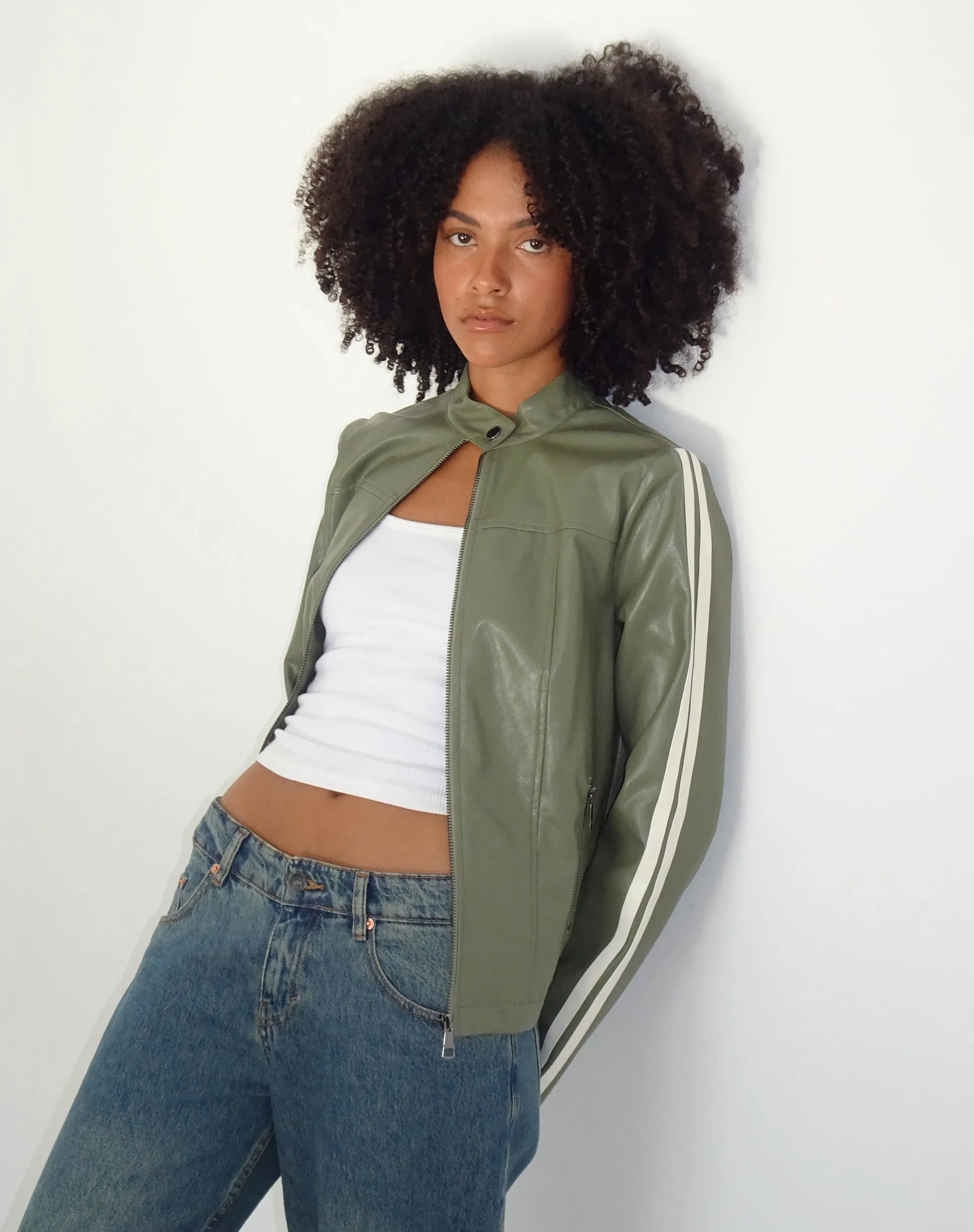 Jacquie Zip Up Biker Jacket in PU Green with Ivory Stripe sold by Motel Rocks product image thumbnail 2