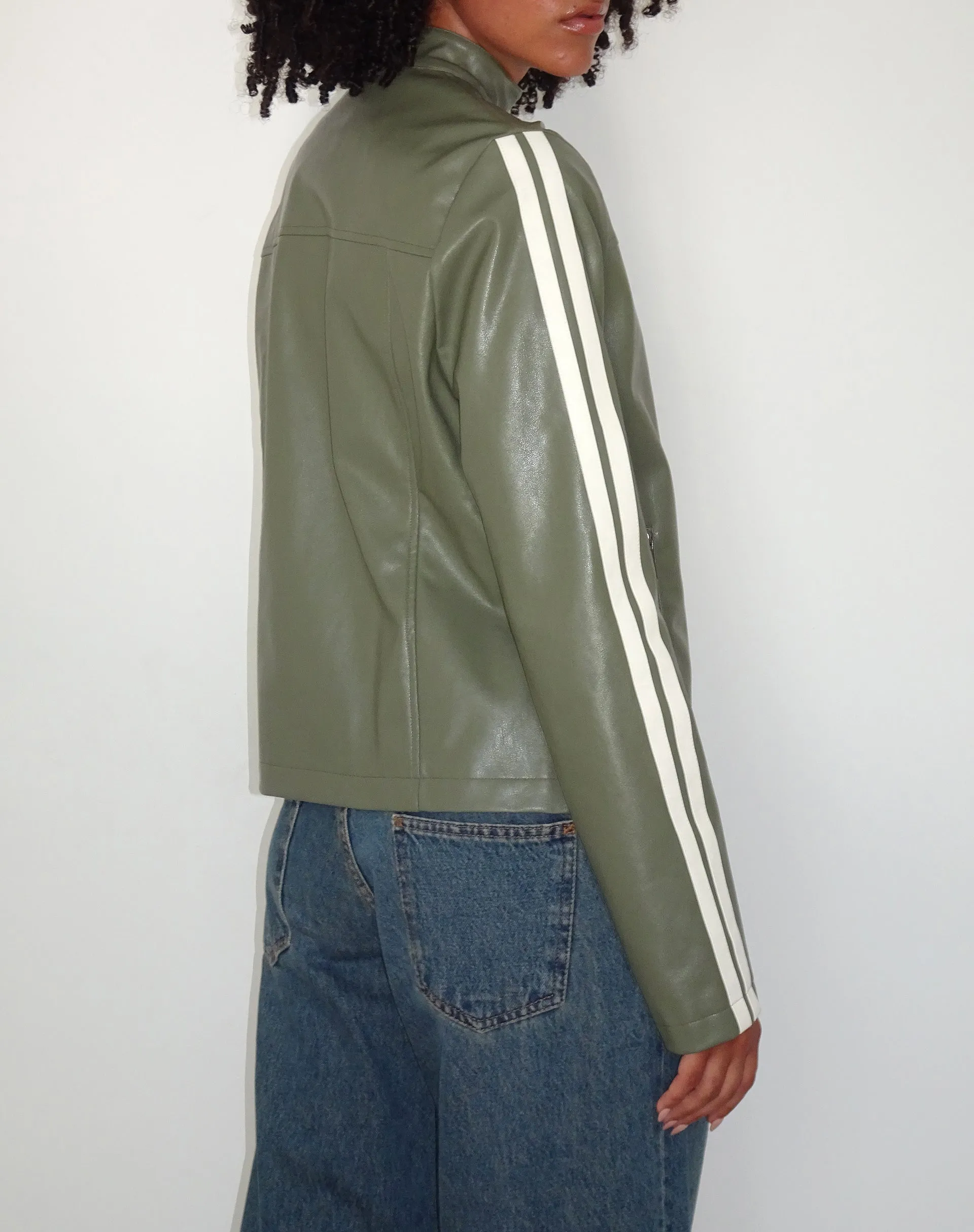 Jacquie Zip Up Biker Jacket in PU Green with Ivory Stripe sold by Motel Rocks product image thumbnail 5