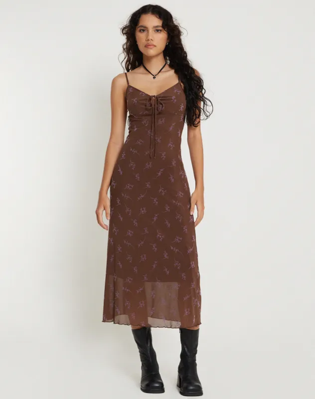 Coya Maxi Dress in Flower Stem Flock Brown sold by Motel Rocks