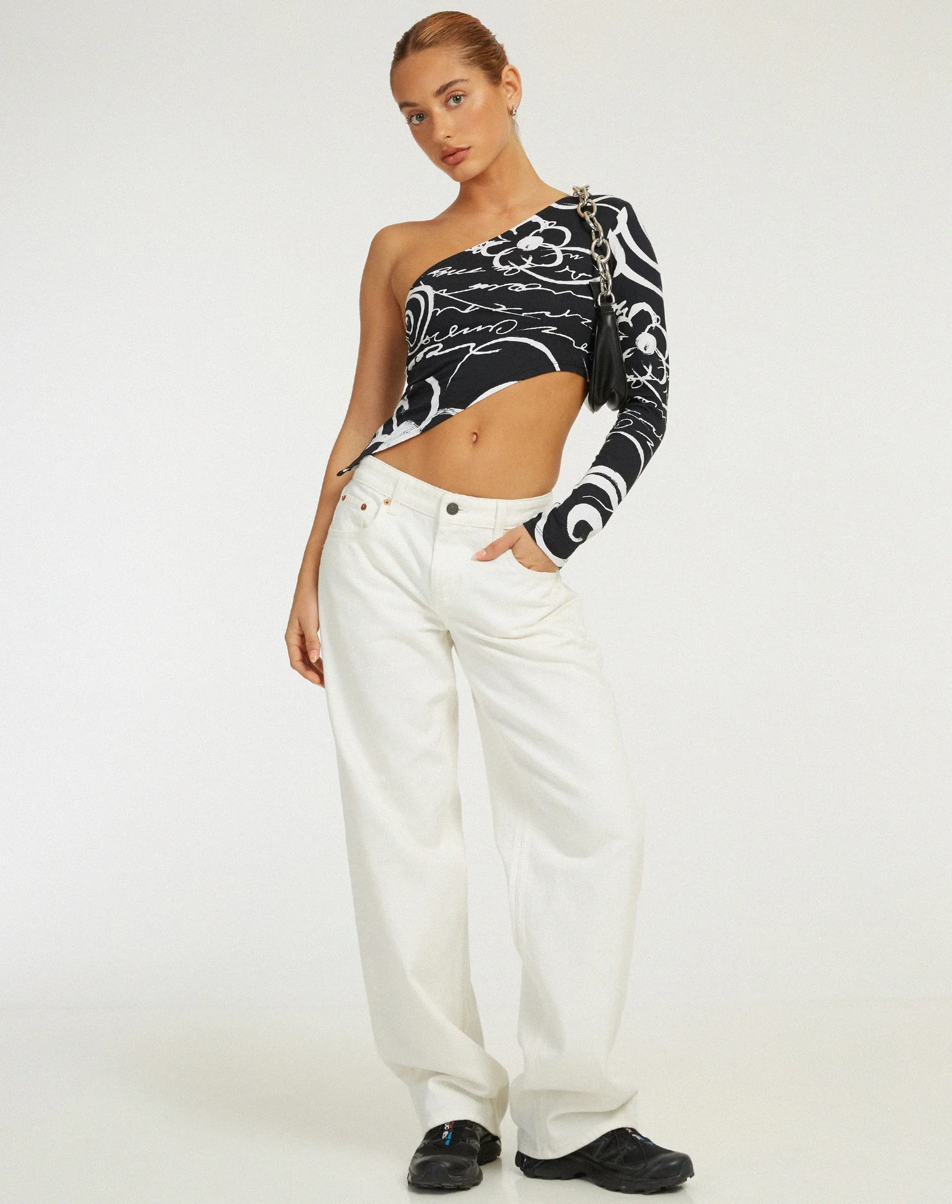 Baylee Crop Top in Mono Doodle Black sold by Motel Rocks product image thumbnail 3