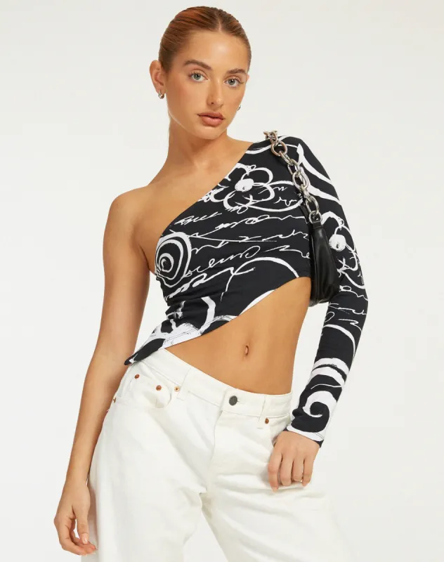 Baylee Crop Top in Mono Doodle Black sold by Motel Rocks