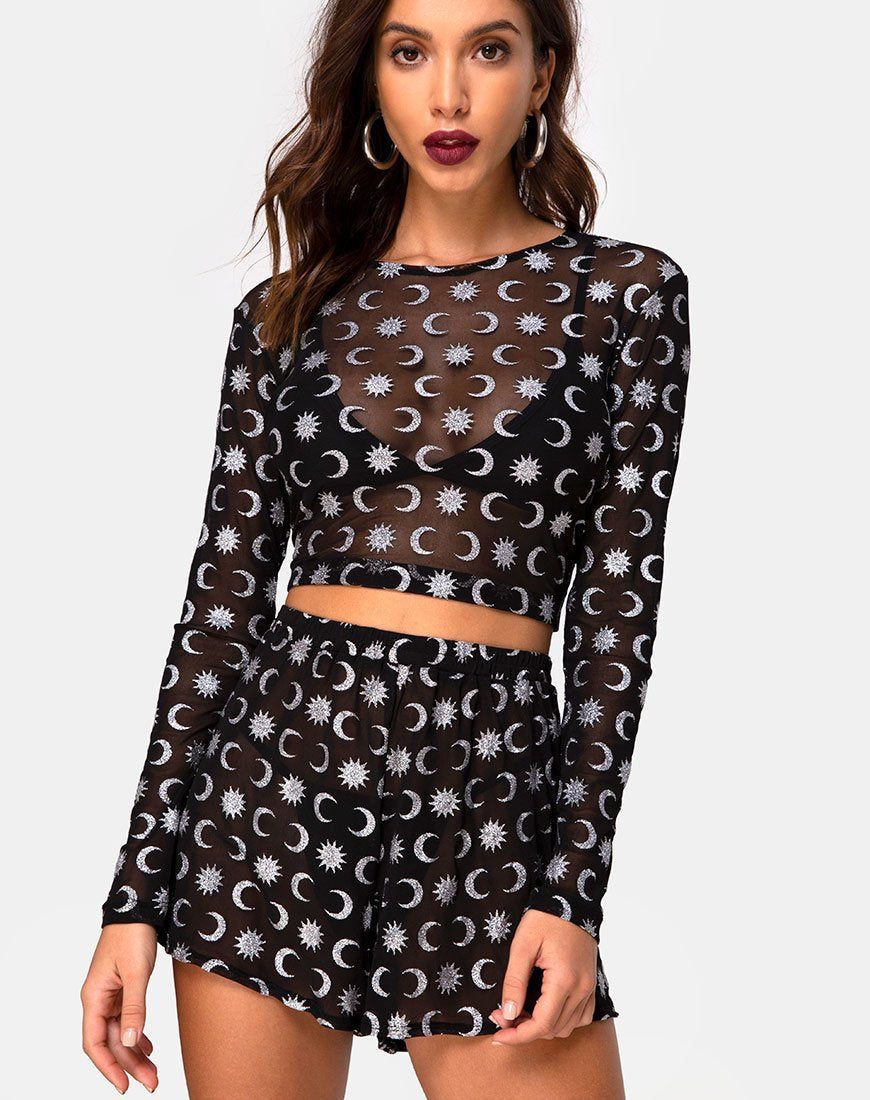 Bonnie Crop Top in Over the Moon Black with Glitter sold by Motel Rocks