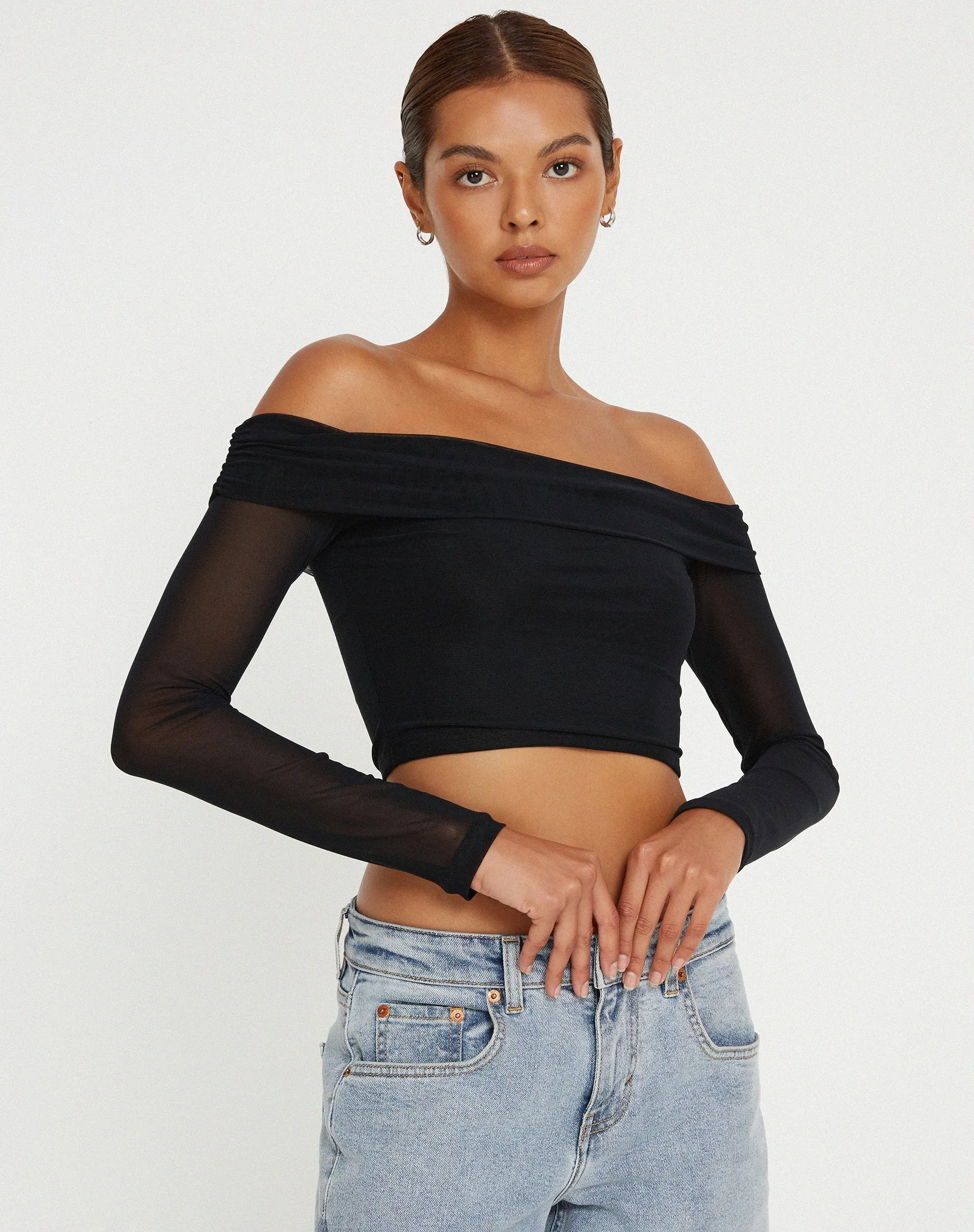 Nagini Long Sleeve Bardot Crop Top in Black sold by Motel Rocks