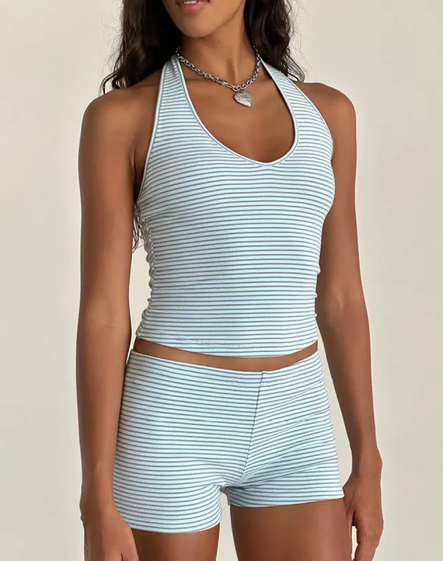 Jules Halter Top in Blue and Grey Jersey Stripe sold by Motel Rocks