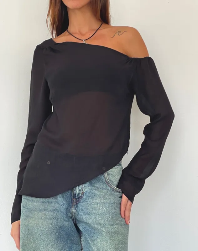 Riot Asymmetric Longline Top in Black Chiffon sold by Motel Rocks