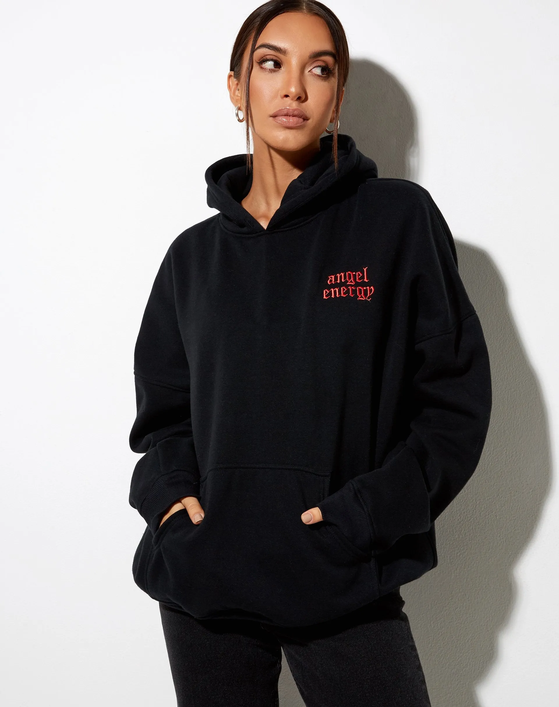 Oversize Hoodie in Black 'Angel Energy' Light Red Embro sold by Motel Rocks product image thumbnail 3