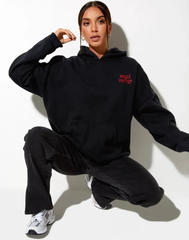 Oversize Hoodie in Black 'Angel Energy' Light Red Embro sold by Motel Rocks