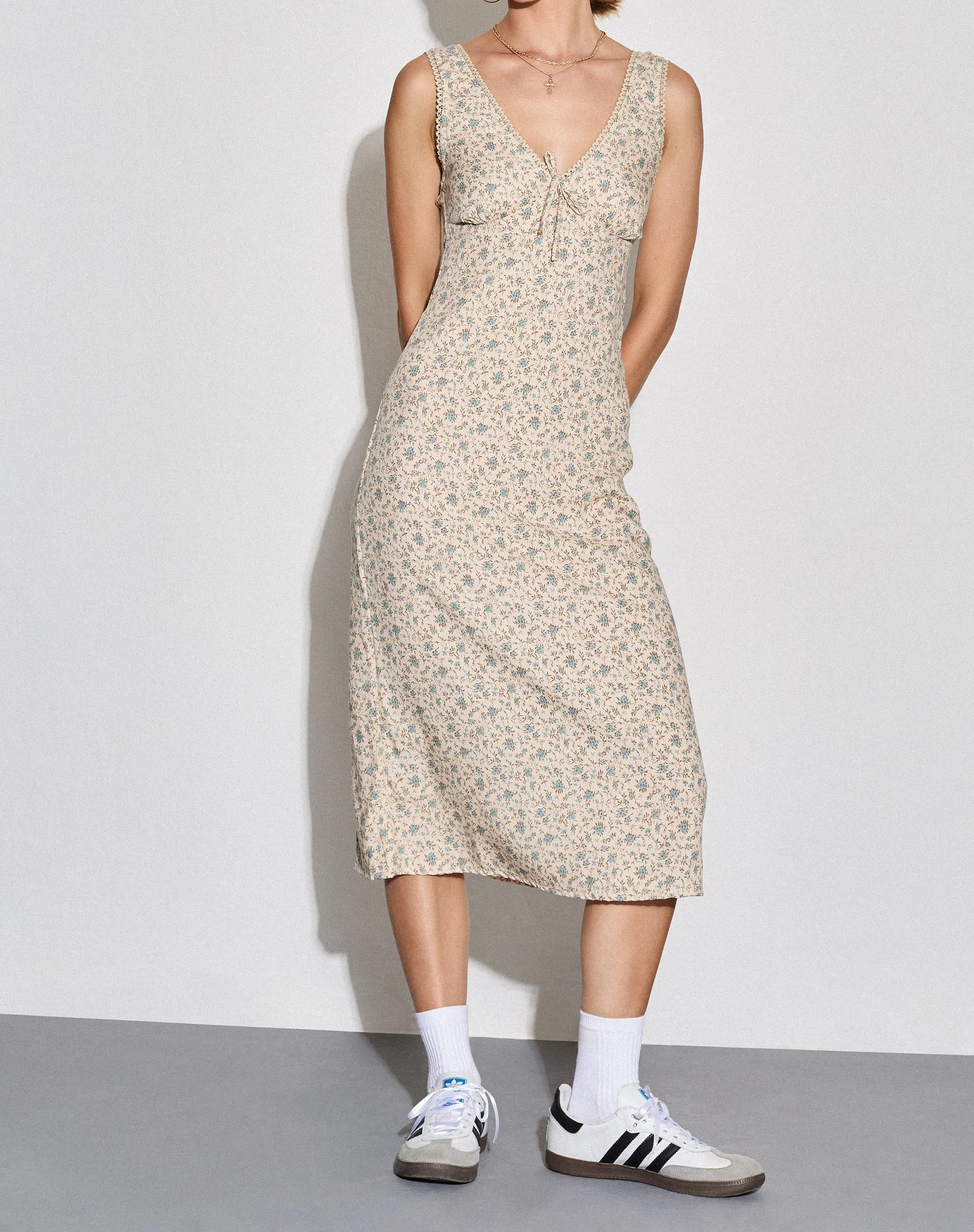 Lavisha Midi Dress in Antique Blue and Ivory Floral sold by Motel Rocks