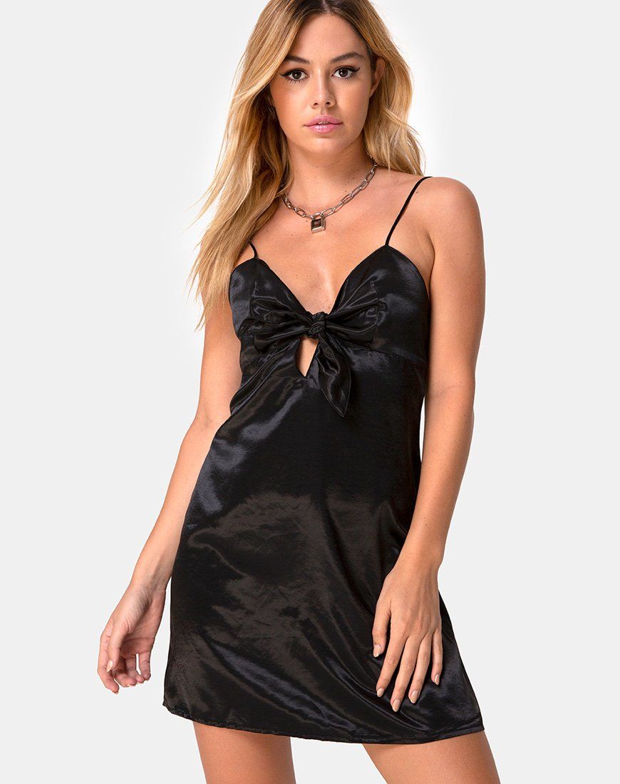 Ronina Dress in Heavy Satin Black sold by Motel Rocks