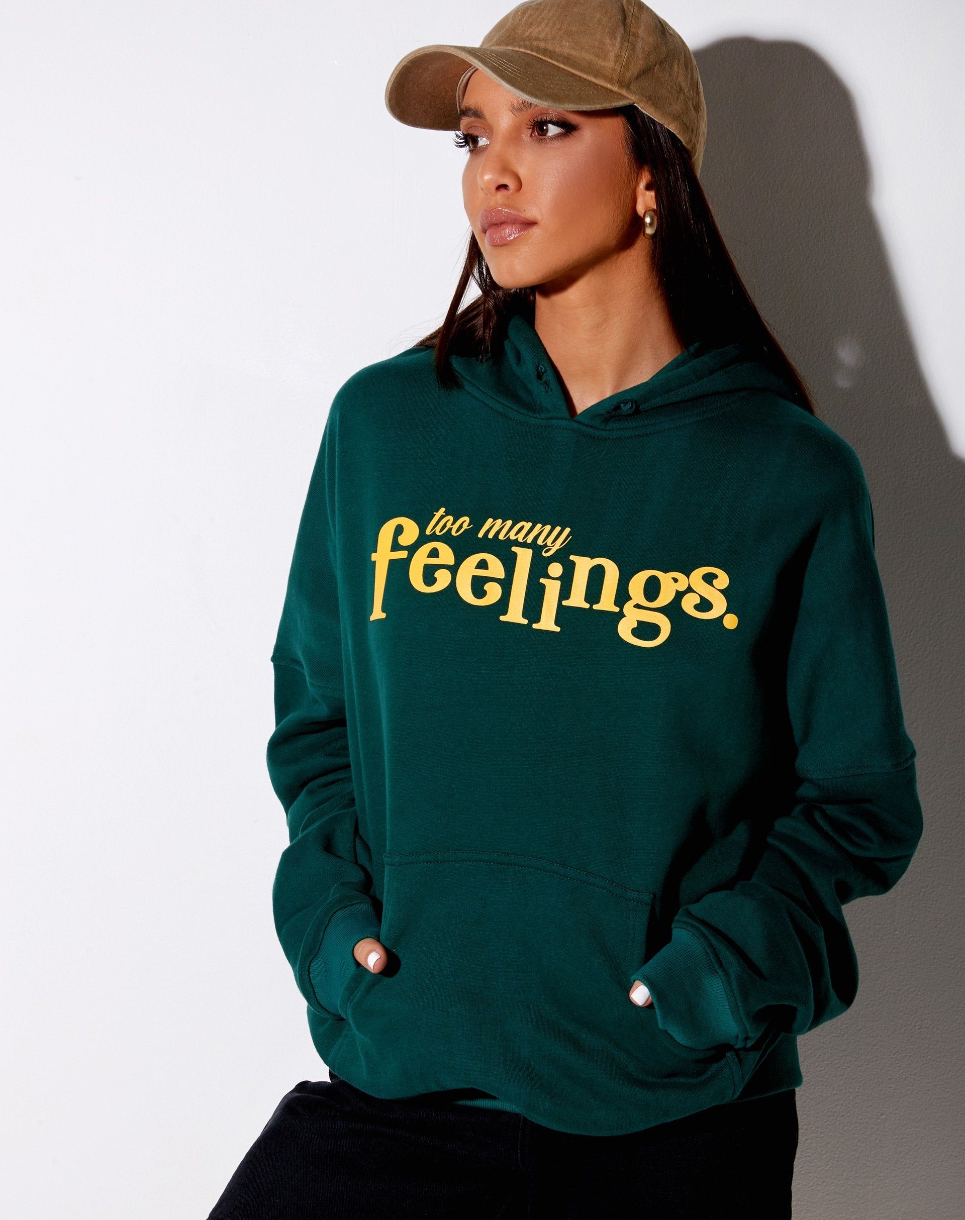 Oversize Hoody in Bottle Green 'Too Many Feelings' sold by Motel Rocks