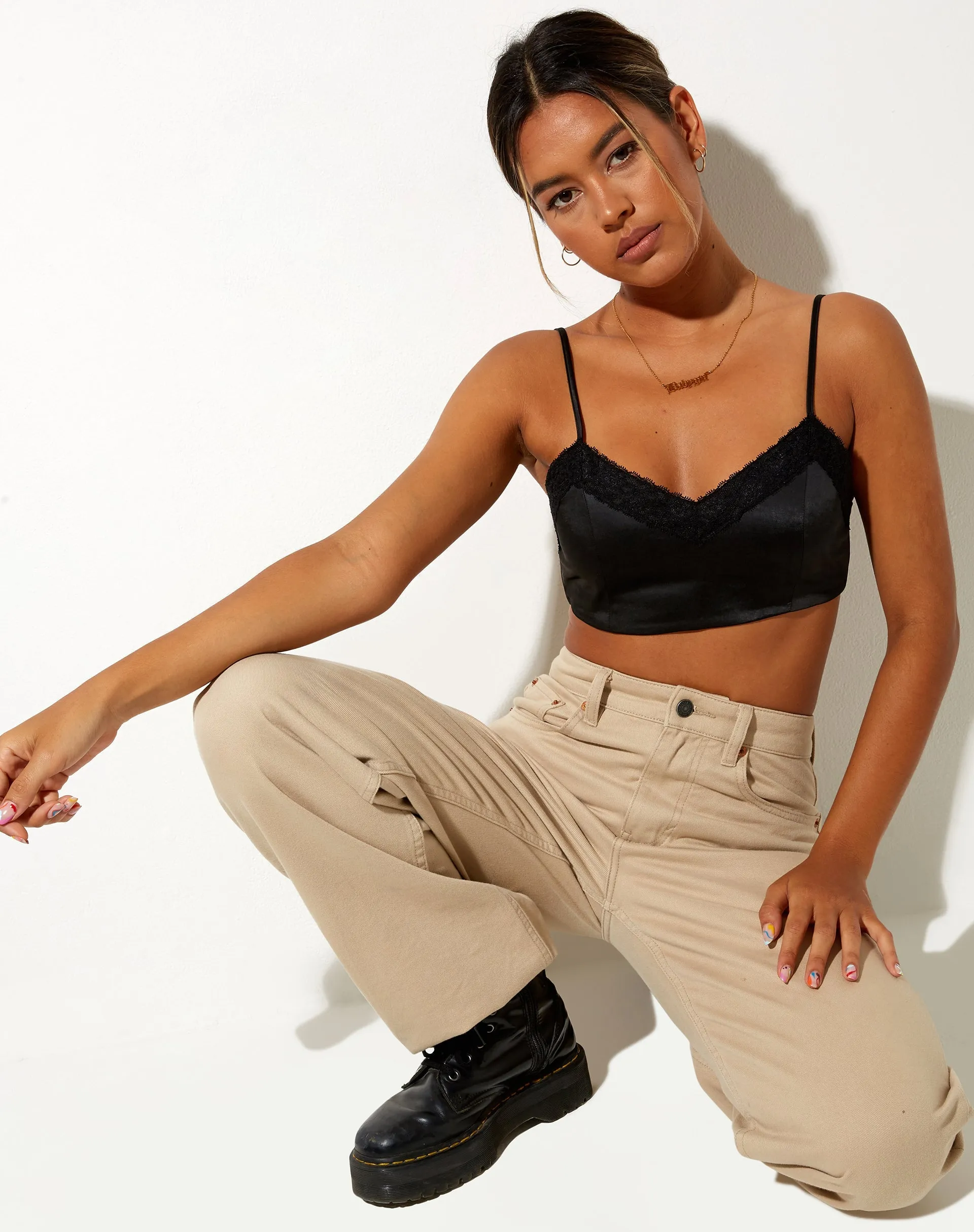 Dinie Crop Top in Satin Black sold by Motel Rocks