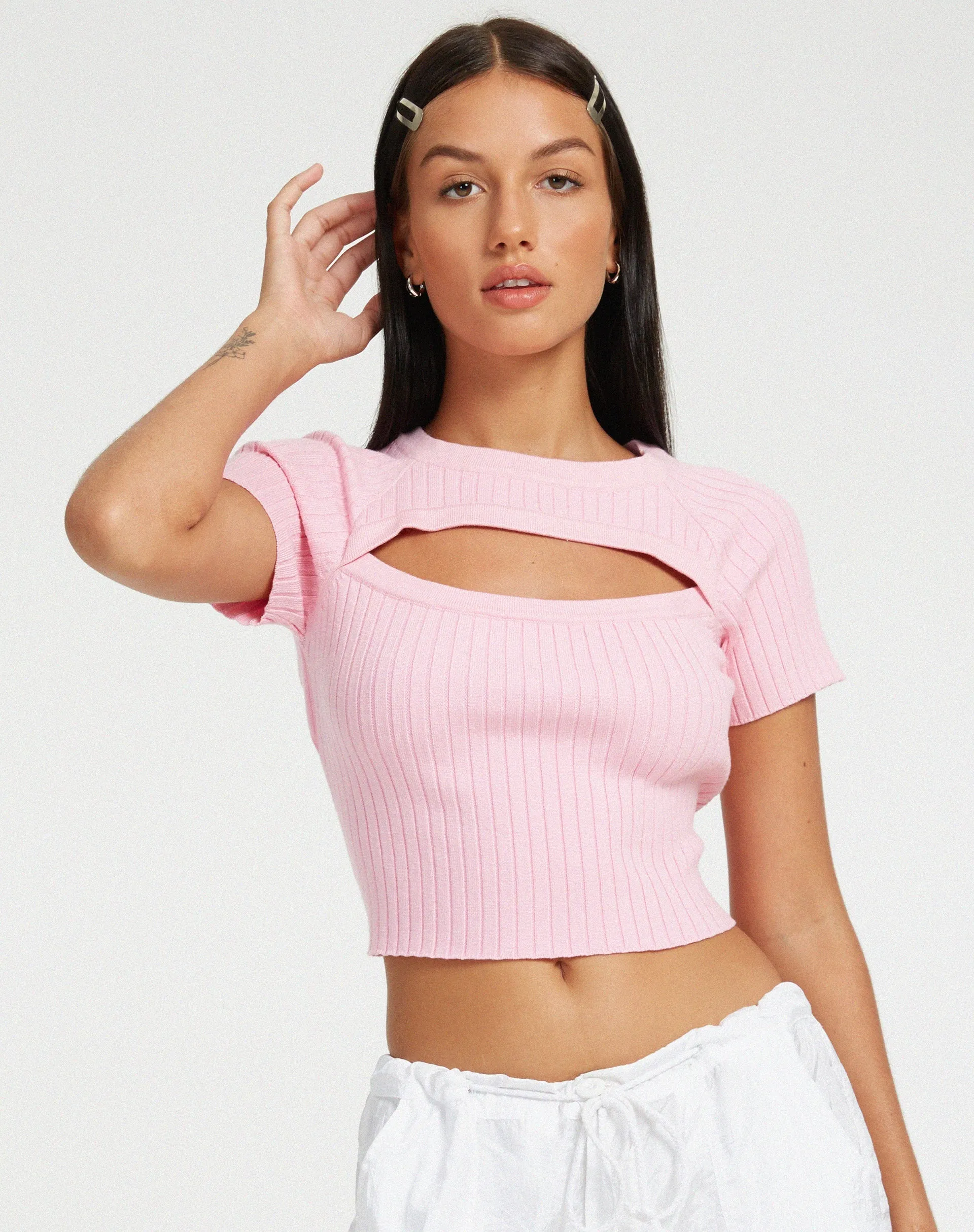 Morsche Cut Out Crop Knitted Top in Pink sold by Motel Rocks