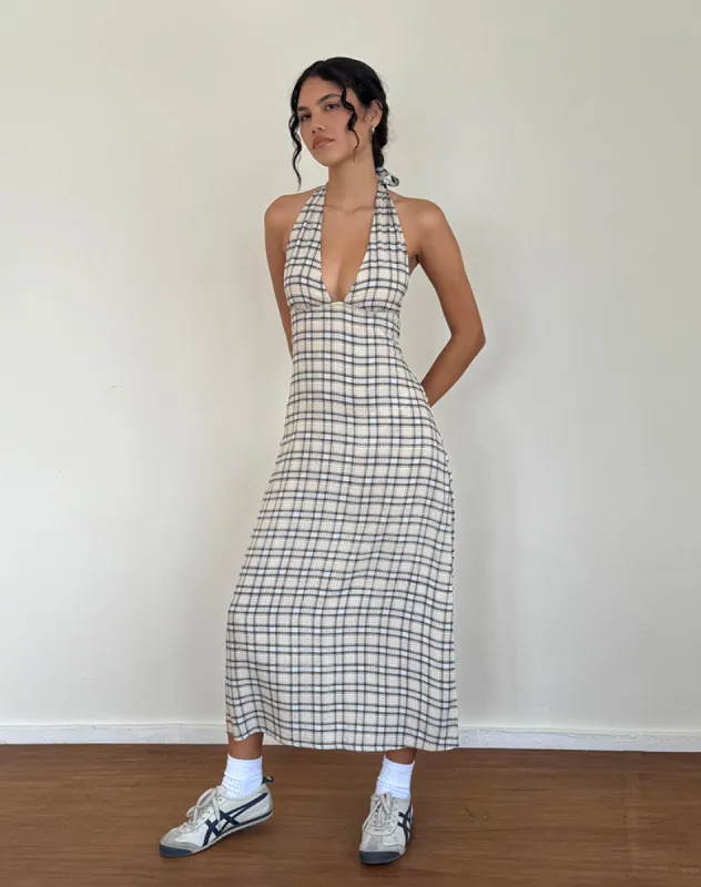 Lenata Halterneck Midi Dress in Pastel Blue Tartan sold by Motel Rocks