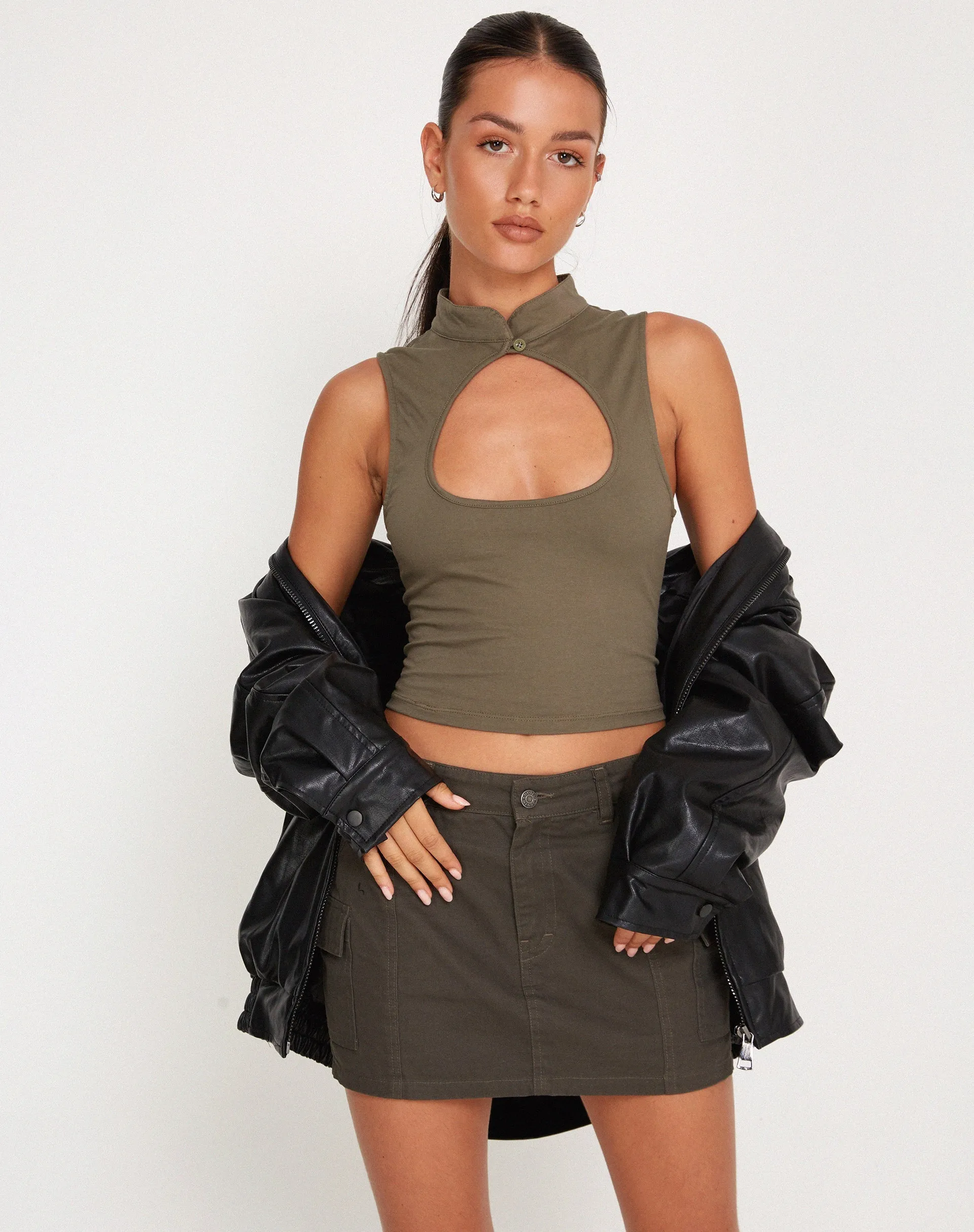 Annesley Crop Top in Tarmac Green sold by Motel Rocks