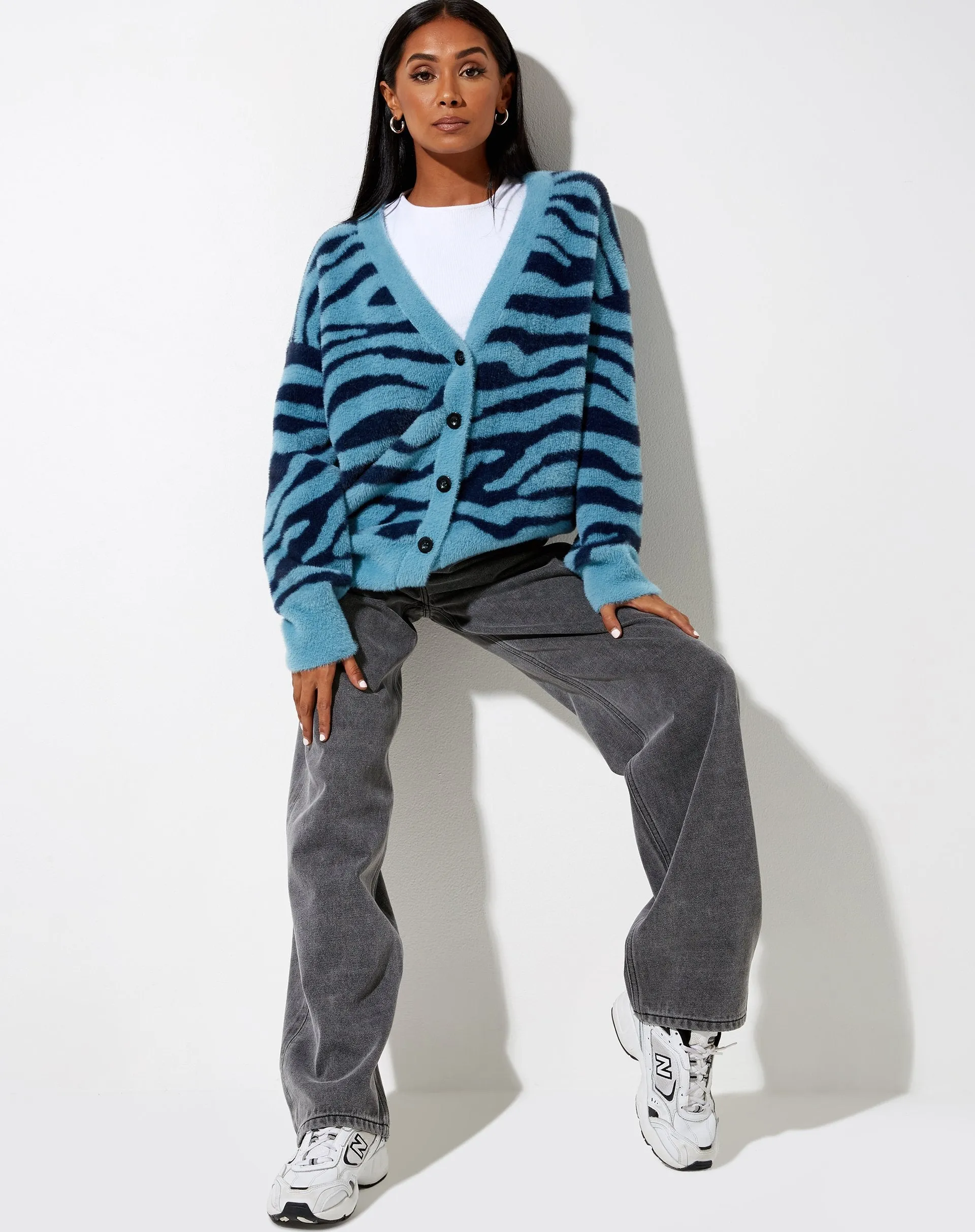 Uriela Cardi in Knit Zebra Blue and Navy sold by Motel Rocks