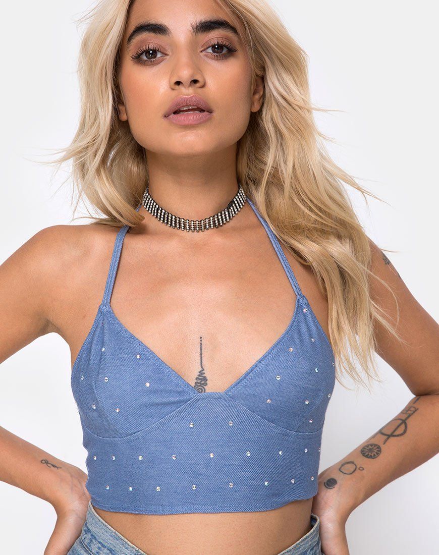 Dyla Crop Top in Blue Denim Hot Fix sold by Motel Rocks