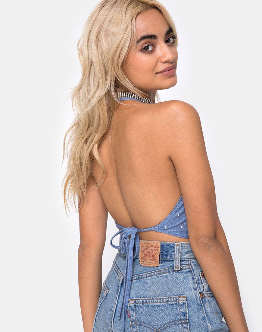 Dyla Crop Top in Blue Denim Hot Fix sold by Motel Rocks product image thumbnail 2