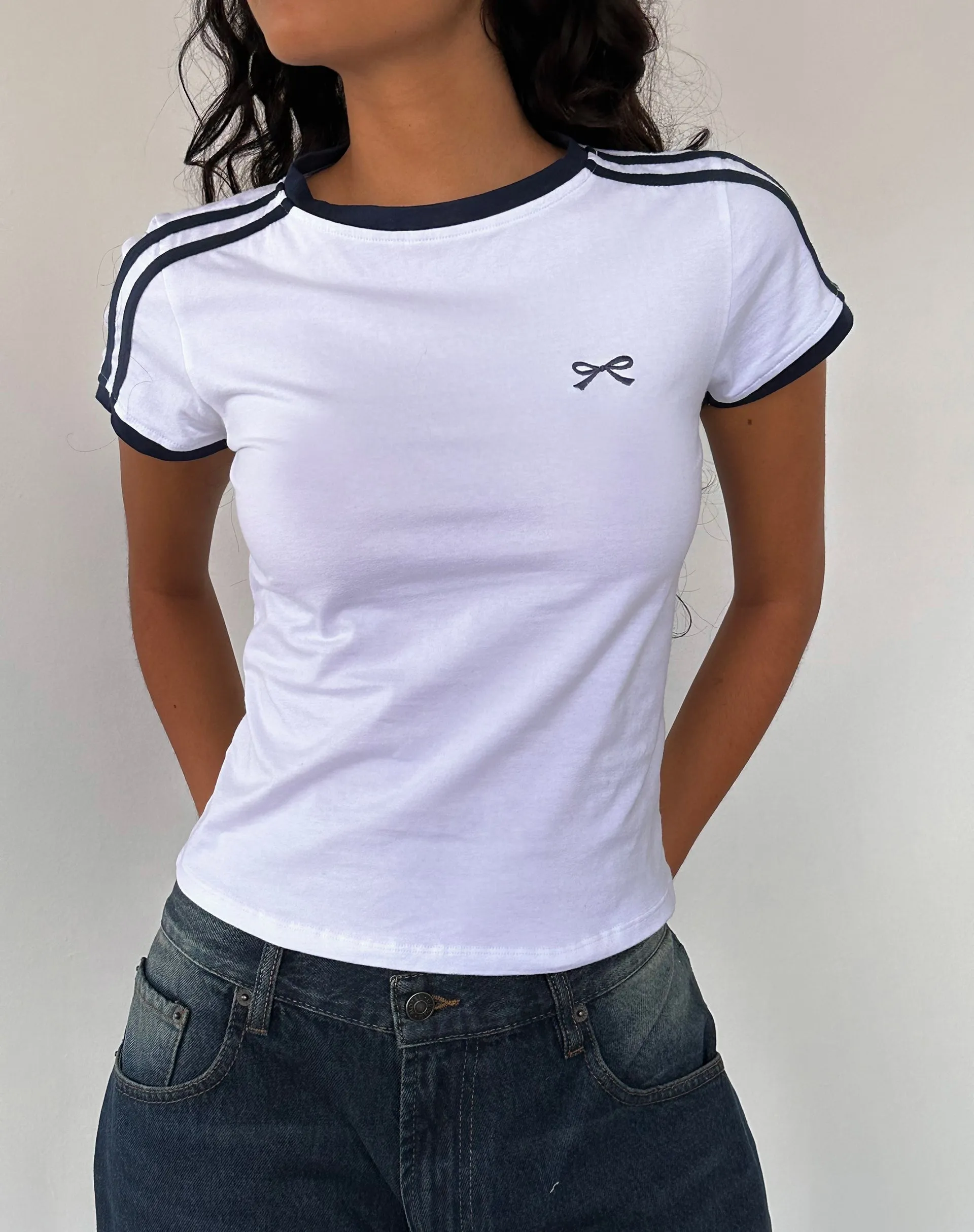 Salda Sporty Tee in White with Navy Binding sold by Motel Rocks