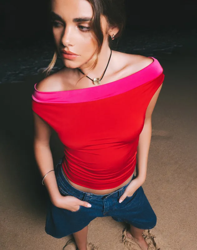 Halle Bardot Top in Red Pink sold by Motel Rocks