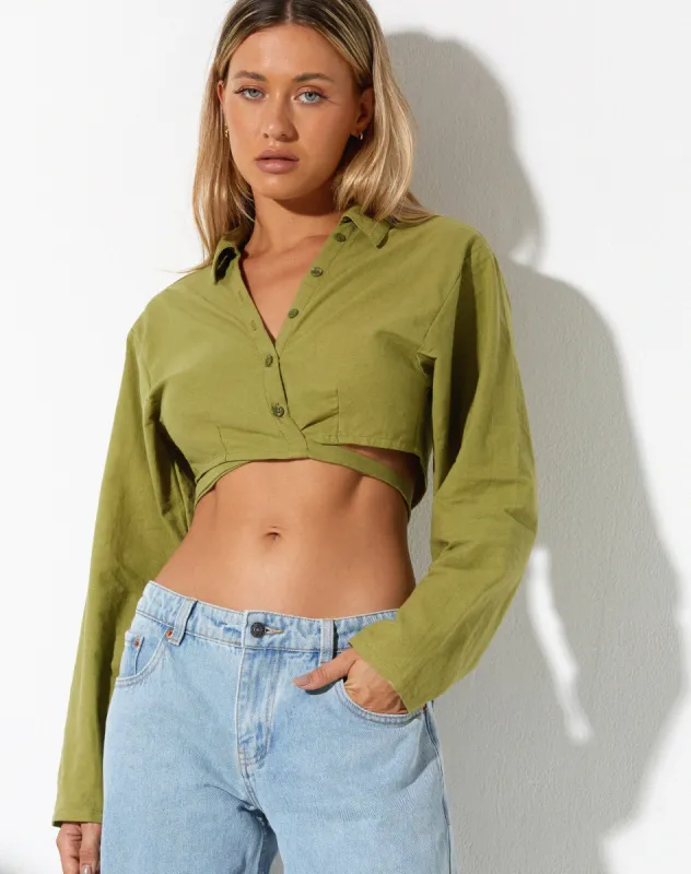 Elyse Crop Top in Linen Rami Green sold by Motel Rocks