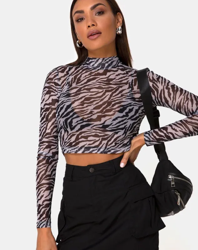 Lara Crop Top in Net 90's Zebra Black and White sold by Motel Rocks