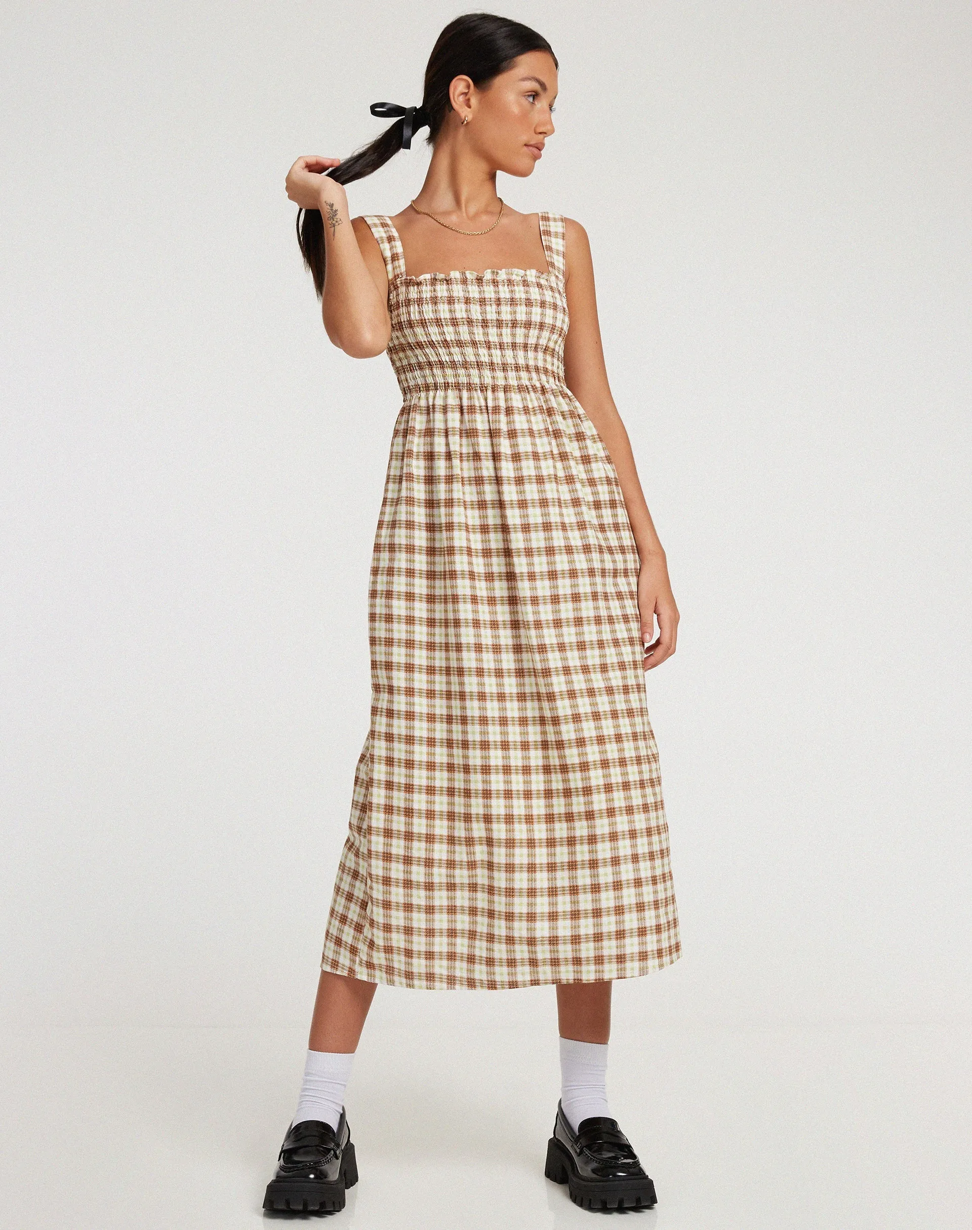 Jocasta Midi Dress in Yellow and Brown Check sold by Motel Rocks product image thumbnail 3