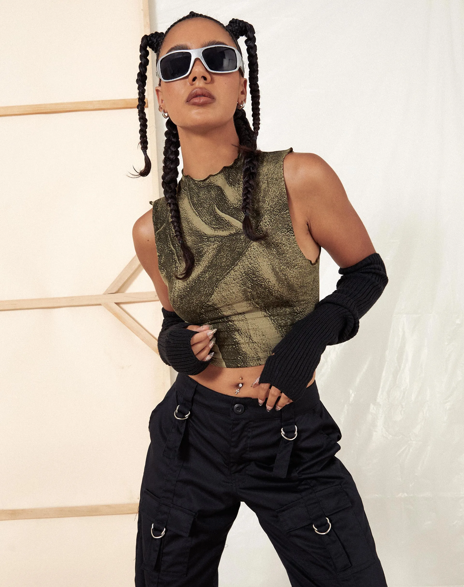 Ajak Crop Top in Dystopian Crease Khaki sold by Motel Rocks