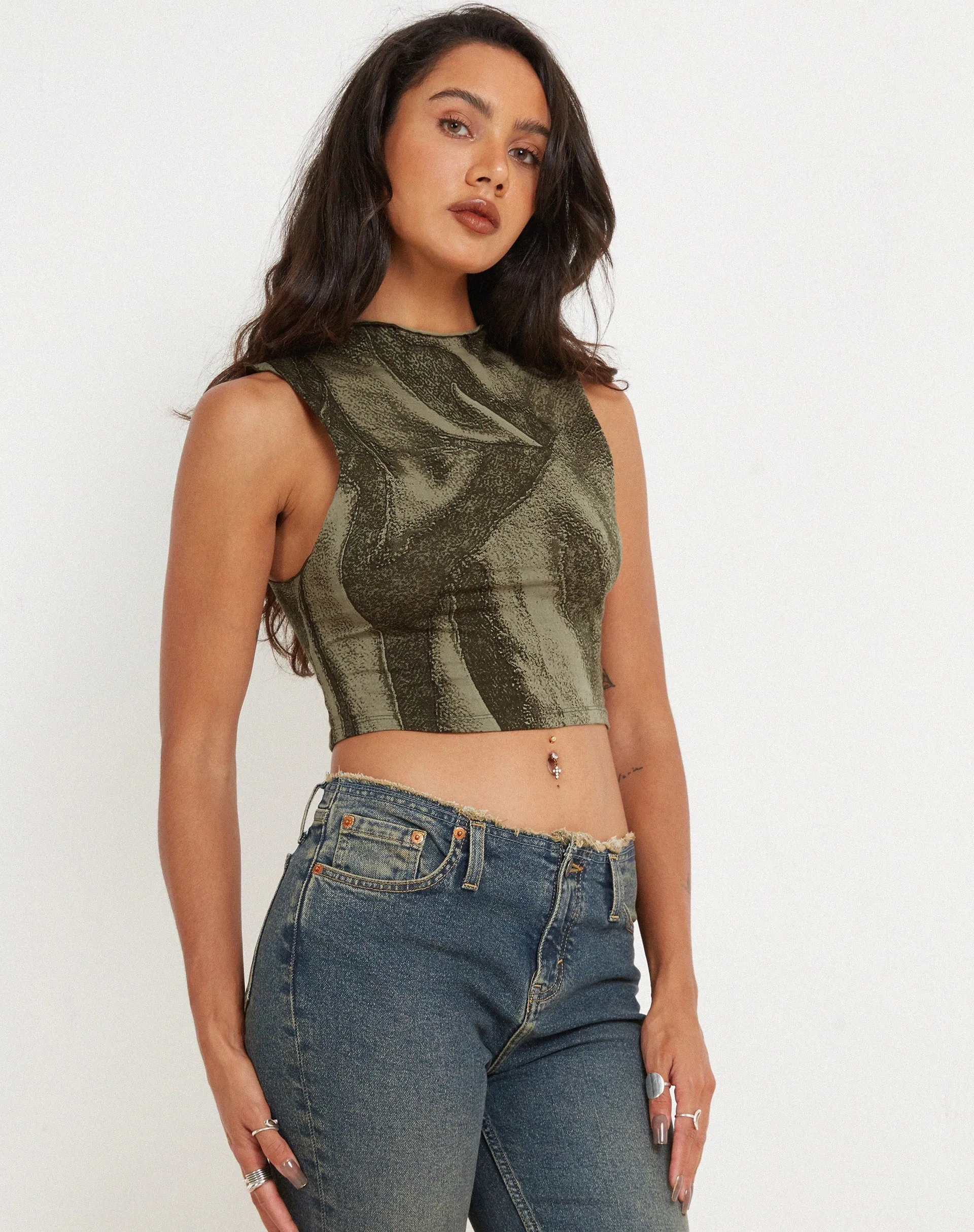 Ajak Crop Top in Dystopian Crease Khaki sold by Motel Rocks product image thumbnail 2