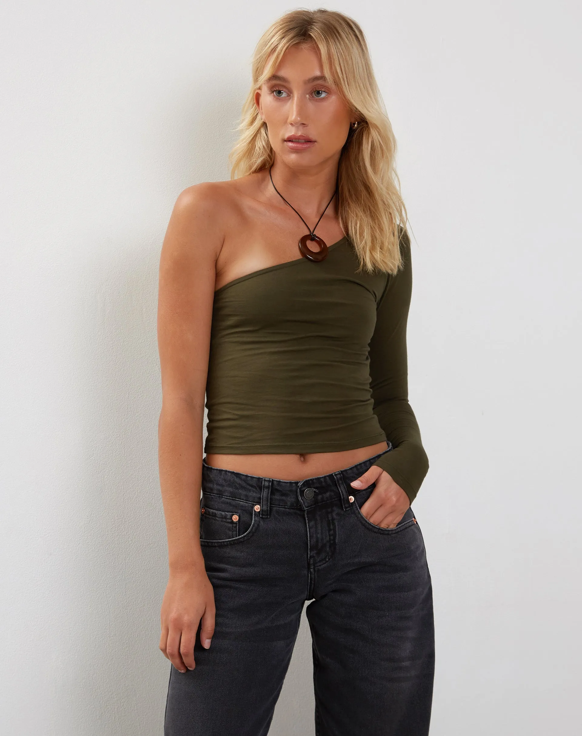 Bayge One Shoulder Top in Olive sold by Motel Rocks product image thumbnail 2