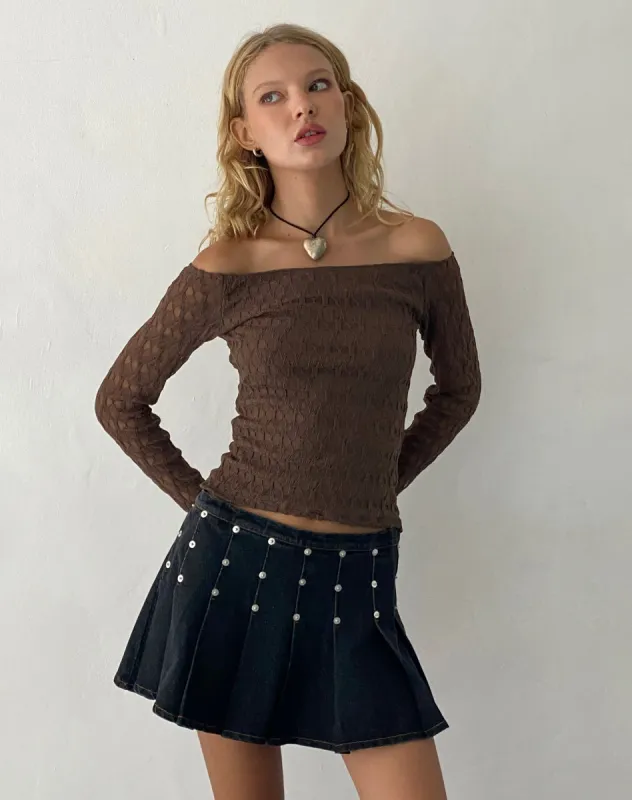 Neira Long Sleeve Bardot Top in Textured Knit Mocha sold by Motel Rocks