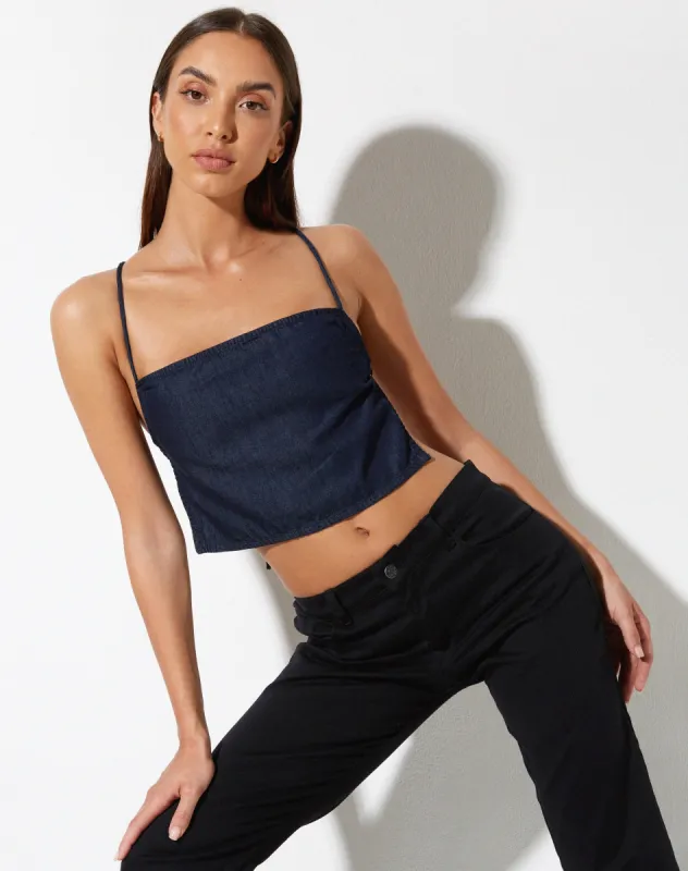 Rosta Crop Top in Denim Blue Chambray sold by Motel Rocks