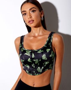 Elci Corset Top in Black Butterfly Lime sold by Motel Rocks