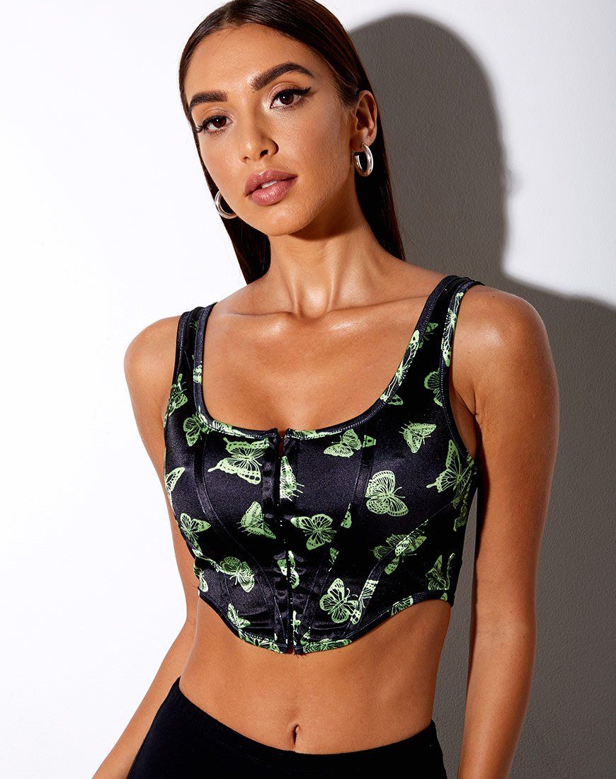 Elci Corset Top in Black Butterfly Lime sold by Motel Rocks product image thumbnail 2
