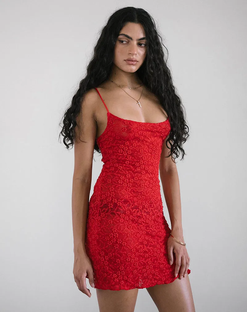 Ismene Mini Dress in Unlined Lace Red sold by Motel Rocks
