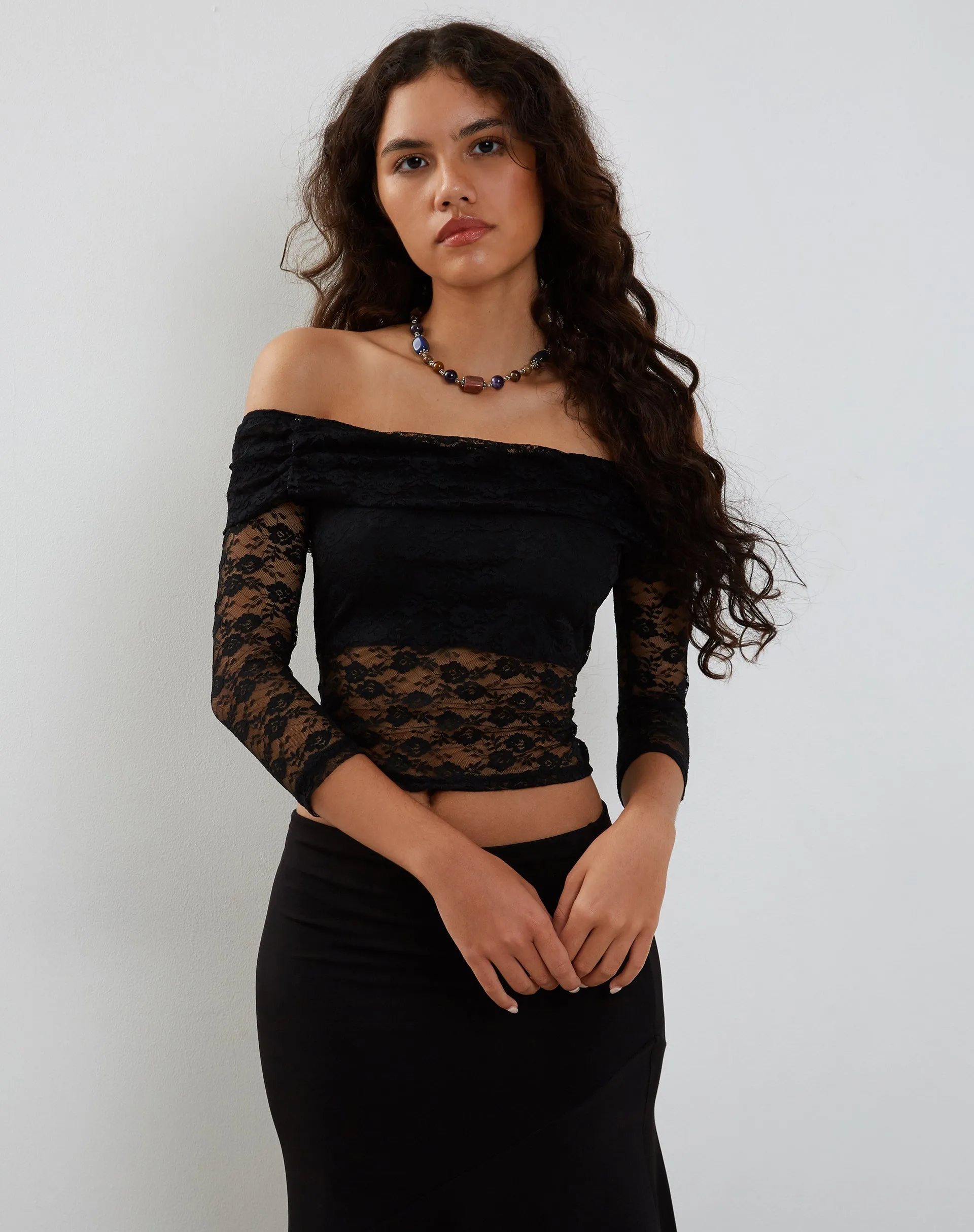 Nixie Long Sleeve Bardot Top in Lace Black sold by Motel Rocks product image thumbnail 4