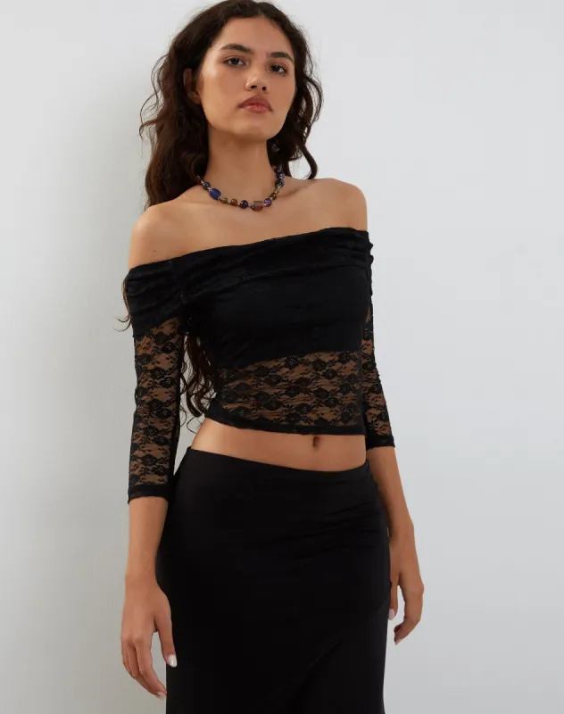 Nixie Long Sleeve Bardot Top in Lace Black sold by Motel Rocks