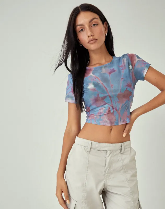 MOTEL X JACQUIE Tonia Printed Top in Lumen Mesh Blue sold by Motel Rocks