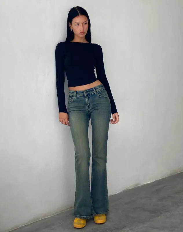 Low Rise Flared Jeans in Green Wash sold by Motel Rocks