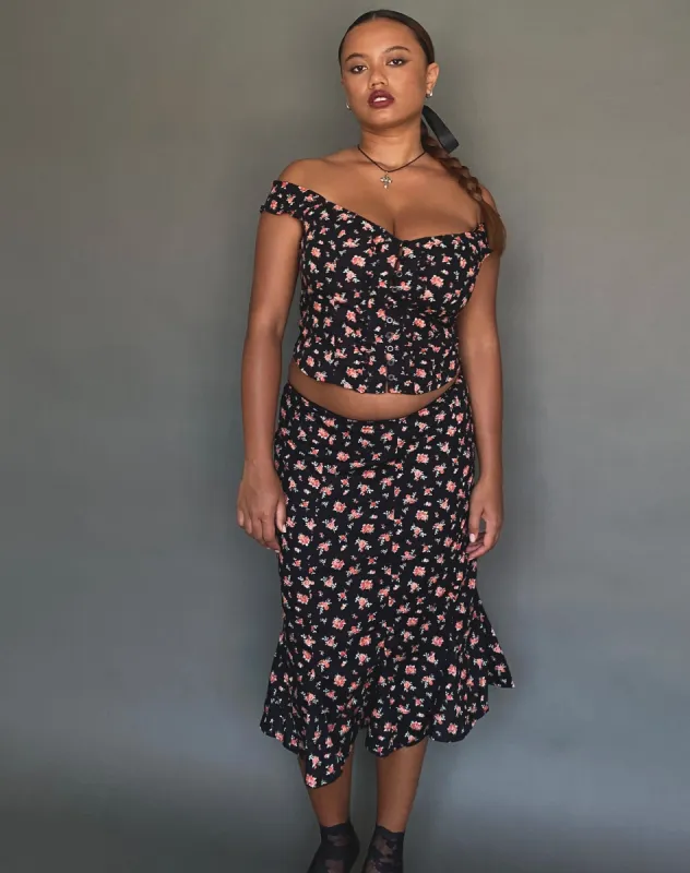 Sima Midi Skirt in Flowing Rose Black sold by Motel Rocks