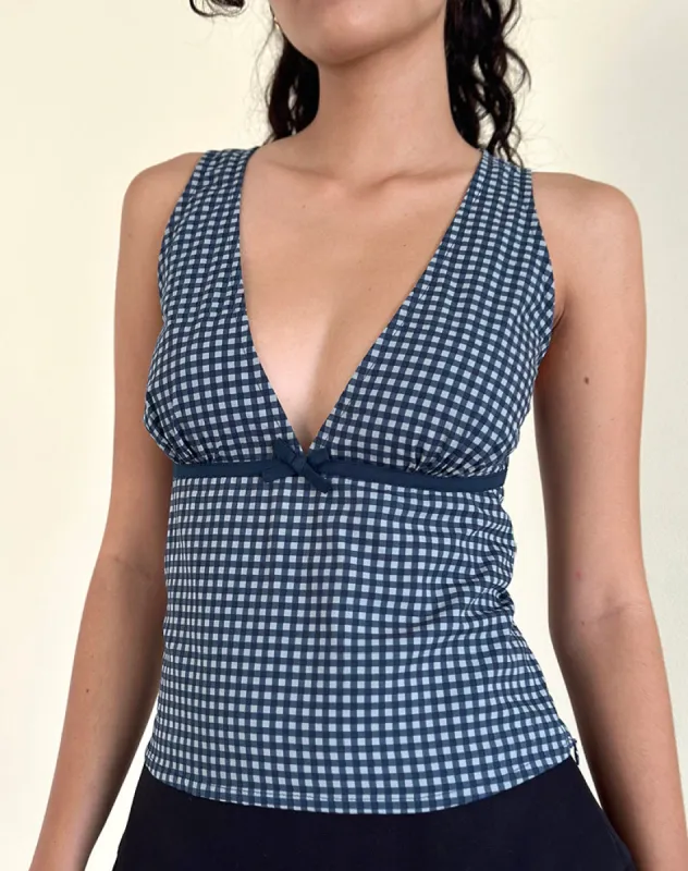 Vishata Top in Mini Gingham Dark Blue sold by Motel Rocks